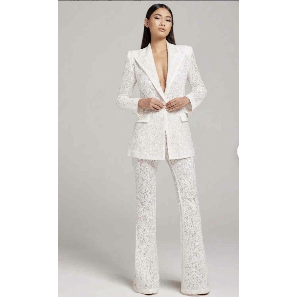 NADINE MERABI "Camila" Off White Lace Sequin Blazer Flare Pants Pantsuit S/M NWT